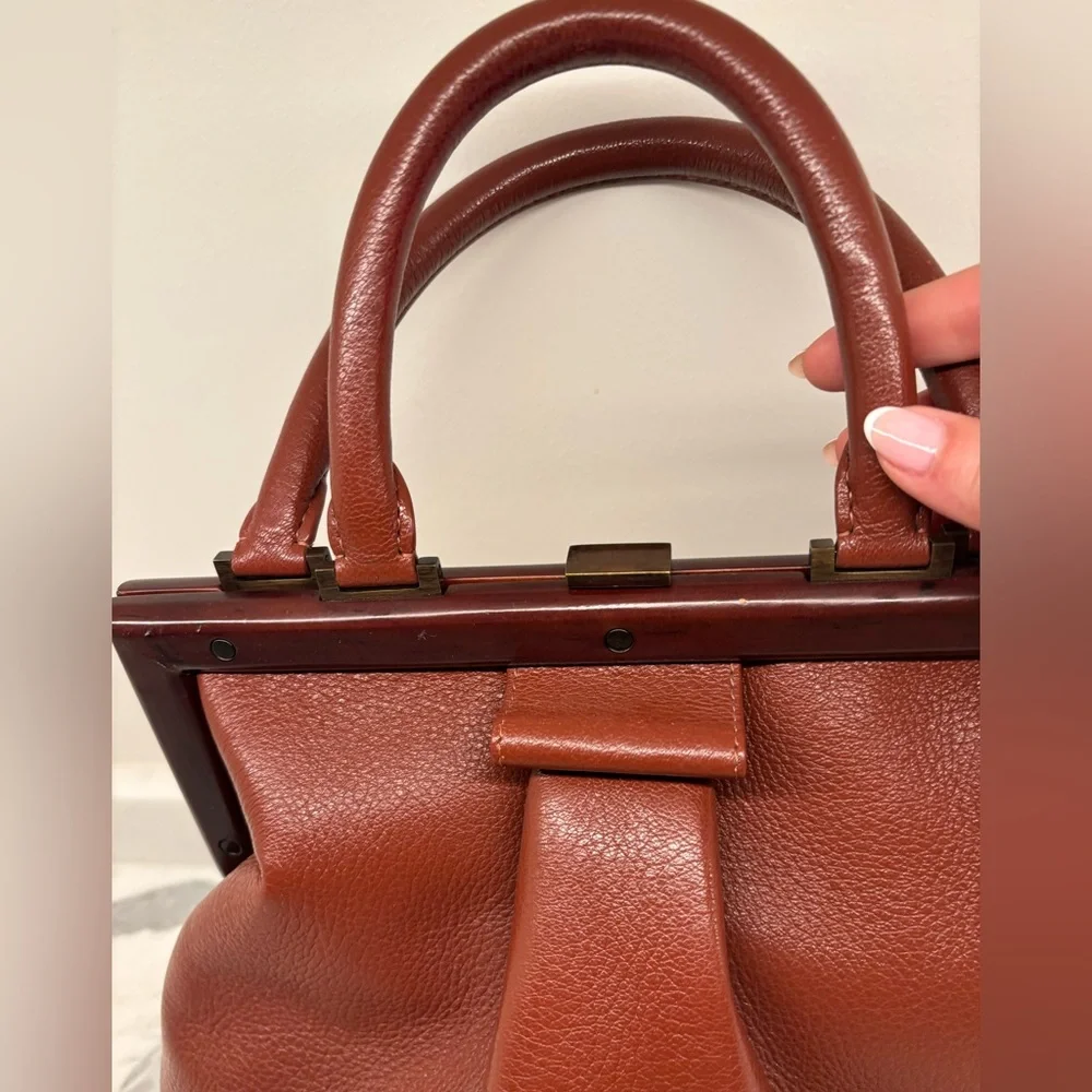 Perrin Paris Structured Leather Frame Bag Vintage-Inspired Satchel in Rich Brown - Picture 2 of 8